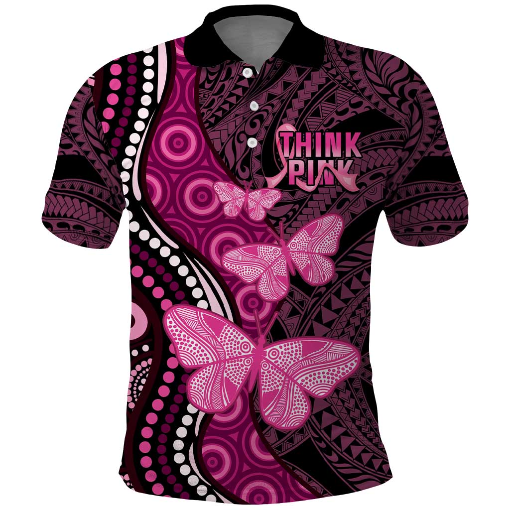 Think Pink Breast Cancer Awareness Polo Shirt Butterfly Aboriginal Mix Polynesian Pattern LT14 Pink - Polynesian Pride