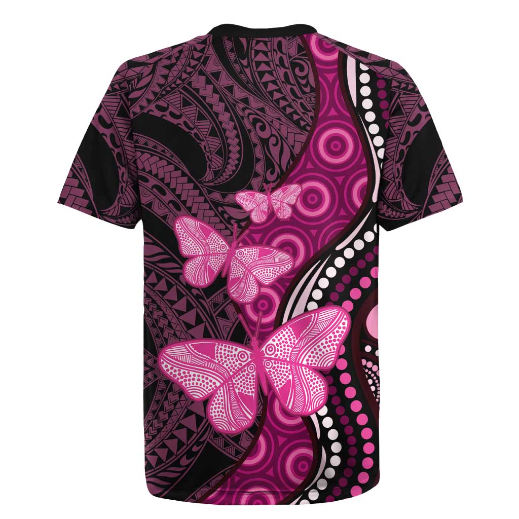 Think Pink Breast Cancer Awareness Rugby Jersey Butterfly Aboriginal Mix Polynesian Pattern LT14 - Polynesian Pride