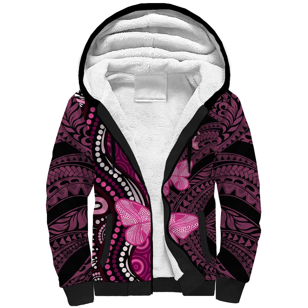 Think Pink Breast Cancer Awareness Sherpa Hoodie Butterfly Aboriginal Mix Polynesian Pattern LT14 Unisex Pink - Polynesian Pride