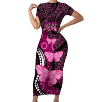Think Pink Breast Cancer Awareness Short Sleeve Bodycon Dress Butterfly Aboriginal Mix Polynesian Pattern LT14 Long Dress Pink - Polynesian Pride