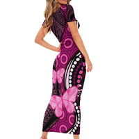 Think Pink Breast Cancer Awareness Short Sleeve Bodycon Dress Butterfly Aboriginal Mix Polynesian Pattern LT14 - Polynesian Pride