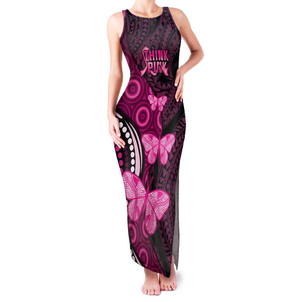 Think Pink Breast Cancer Awareness Tank Maxi Dress Butterfly Aboriginal Mix Polynesian Pattern LT14 Women Pink - Polynesian Pride