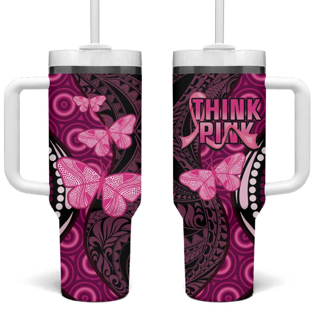 Think Pink Breast Cancer Awareness Tumbler With Handle Butterfly Aboriginal Mix Polynesian Pattern LT14 One Size: 40 oz Pink - Polynesian Pride