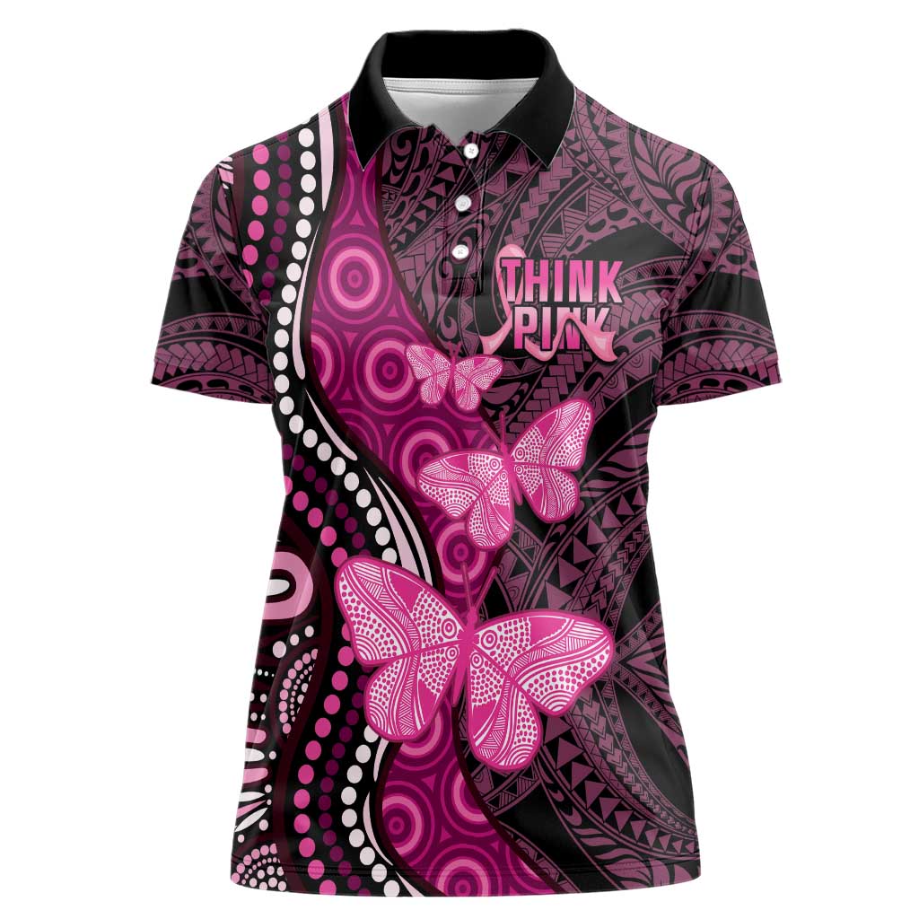 Think Pink Breast Cancer Awareness Women Polo Shirt Butterfly Aboriginal Mix Polynesian Pattern