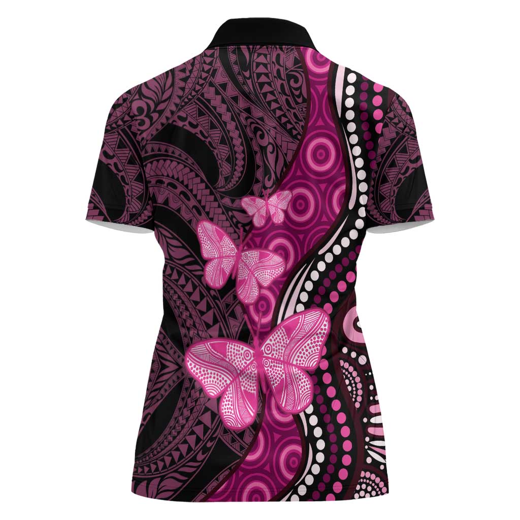 Think Pink Breast Cancer Awareness Women Polo Shirt Butterfly Aboriginal Mix Polynesian Pattern LT14 - Polynesian Pride