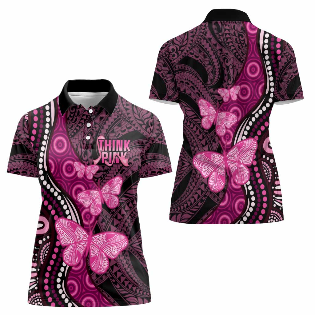 Think Pink Breast Cancer Awareness Women Polo Shirt Butterfly Aboriginal Mix Polynesian Pattern LT14 - Polynesian Pride