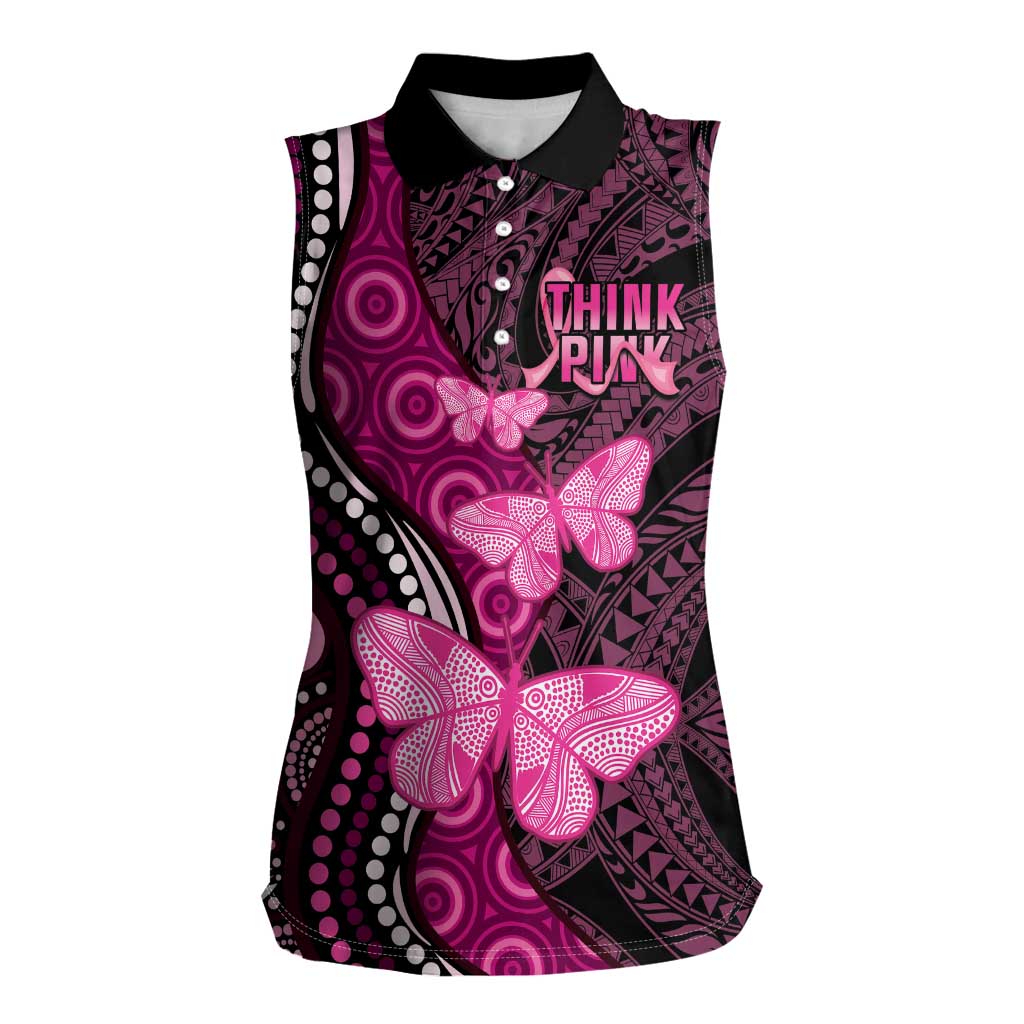 Think Pink Breast Cancer Awareness Women Sleeveless Polo Shirt Butterfly Aboriginal Mix Polynesian Pattern