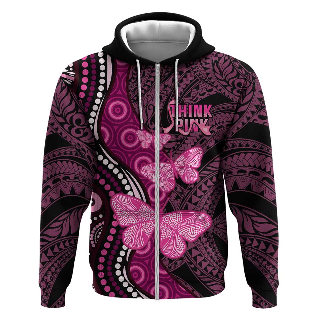 Think Pink Breast Cancer Awareness Zip Hoodie Butterfly Aboriginal Mix Polynesian Pattern LT14 Zip Hoodie Pink - Polynesian Pride