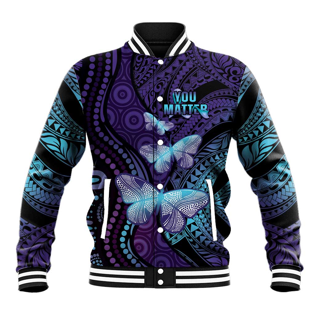 You Matter Suicide Prevention Awareness Baseball Jacket Butterfly Aboriginal Mix Polynesian Pattern LT14 Unisex Purple - Polynesian Pride