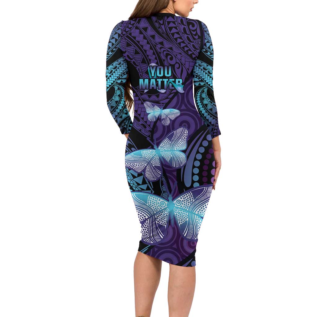 You Matter Suicide Prevention Awareness Long Sleeve Bodycon Dress Butterfly Aboriginal Mix Polynesian Pattern LT14 - Polynesian Pride