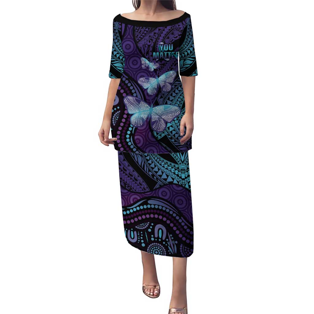 You Matter Suicide Prevention Awareness Puletasi Butterfly Aboriginal Mix Polynesian Pattern LT14 Long Dress Purple - Polynesian Pride