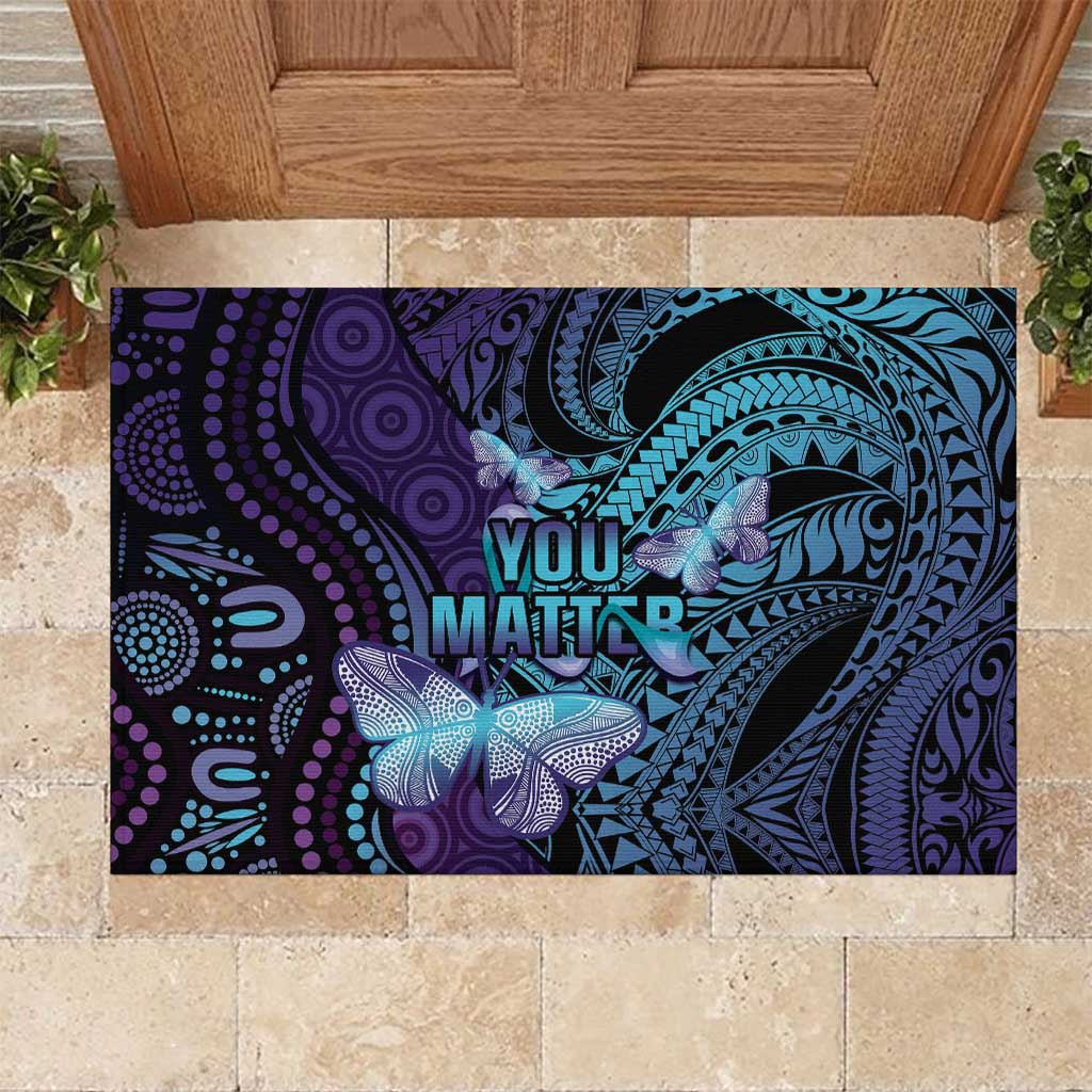 You Matter Suicide Prevention Awareness Rubber Doormat Butterfly Aboriginal Mix Polynesian Pattern LT14 Purple - Polynesian Pride
