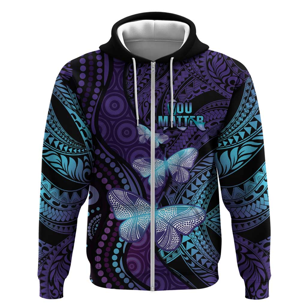 You Matter Suicide Prevention Awareness Zip Hoodie Butterfly Aboriginal Mix Polynesian Pattern LT14 Zip Hoodie Purple - Polynesian Pride