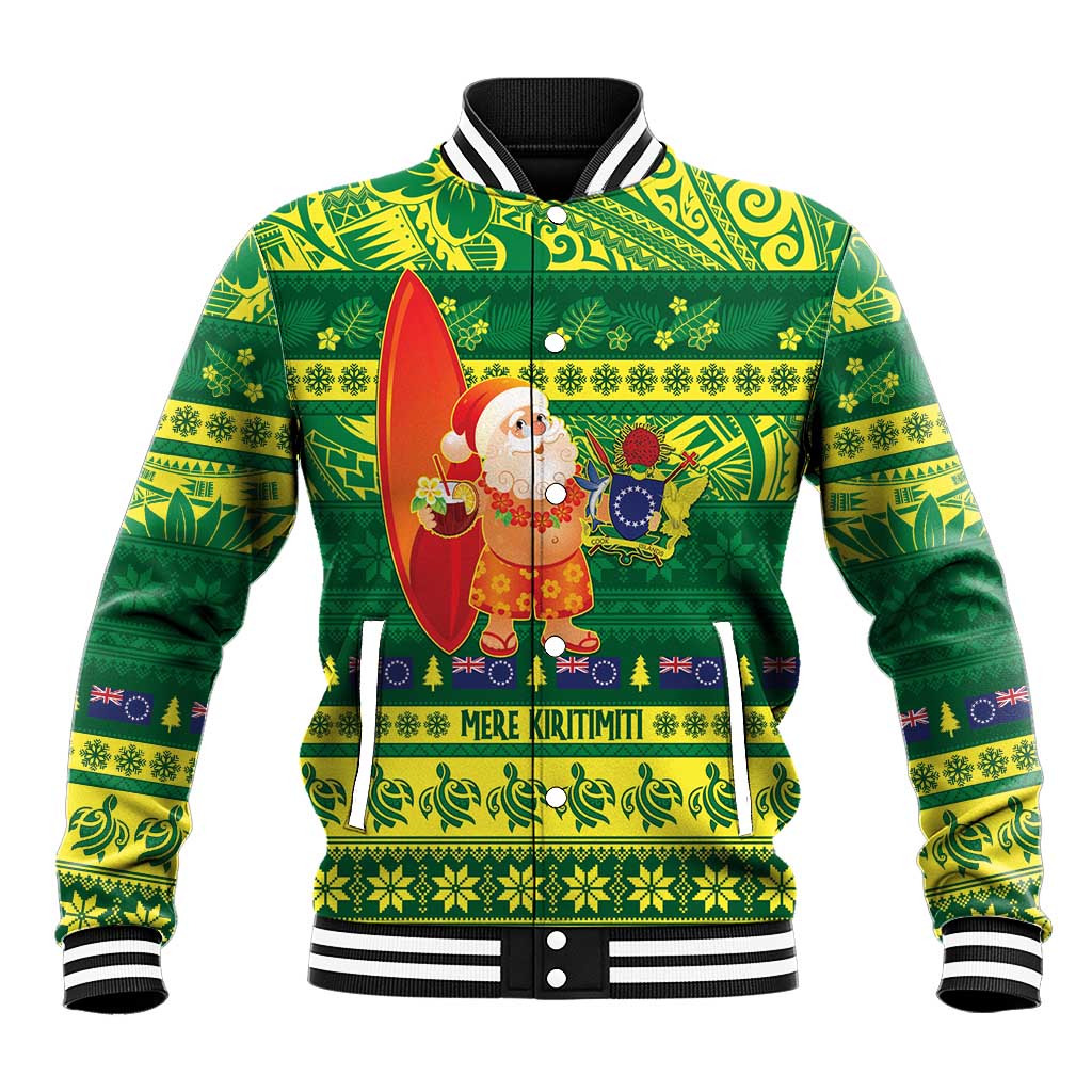 Cook Islands Christmas Baseball Jacket Surfing Santa Mere Kiritimiti LT14 Unisex Green - Polynesian Pride