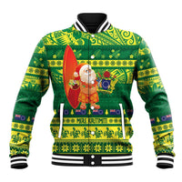 Cook Islands Christmas Baseball Jacket Surfing Santa Mere Kiritimiti LT14 Unisex Green - Polynesian Pride
