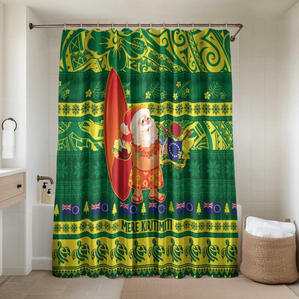 Cook Islands Christmas Bathroom Set Surfing Santa Mere Kiritimiti LT14 Shower Curtain Only Green - Polynesian Pride