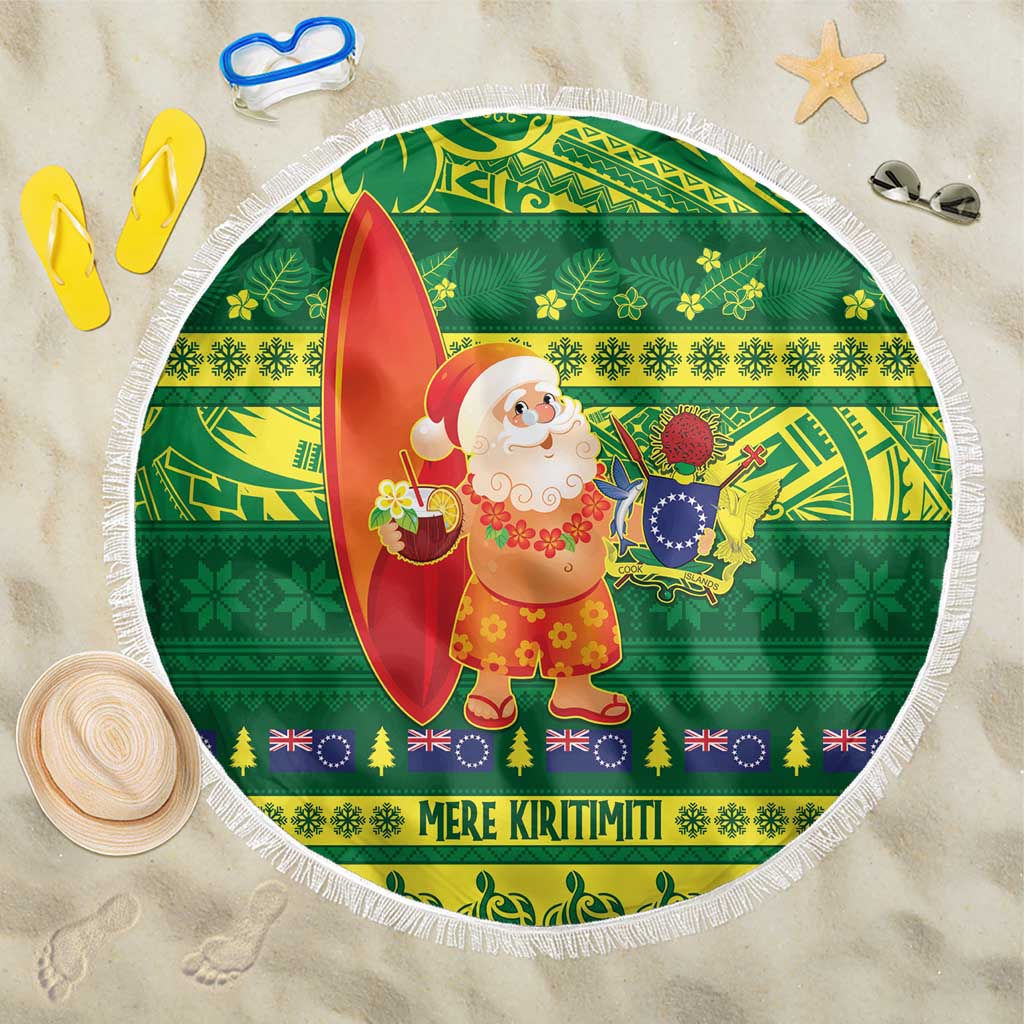 Cook Islands Christmas Beach Blanket Surfing Santa Mere Kiritimiti LT14 One Size 150cm Green - Polynesian Pride