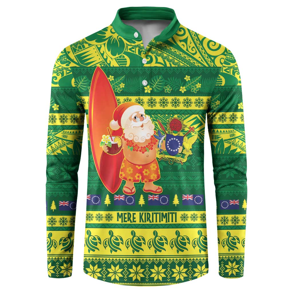 Cook Islands Christmas Button Sweatshirt Surfing Santa Mere Kiritimiti LT14 Green - Polynesian Pride