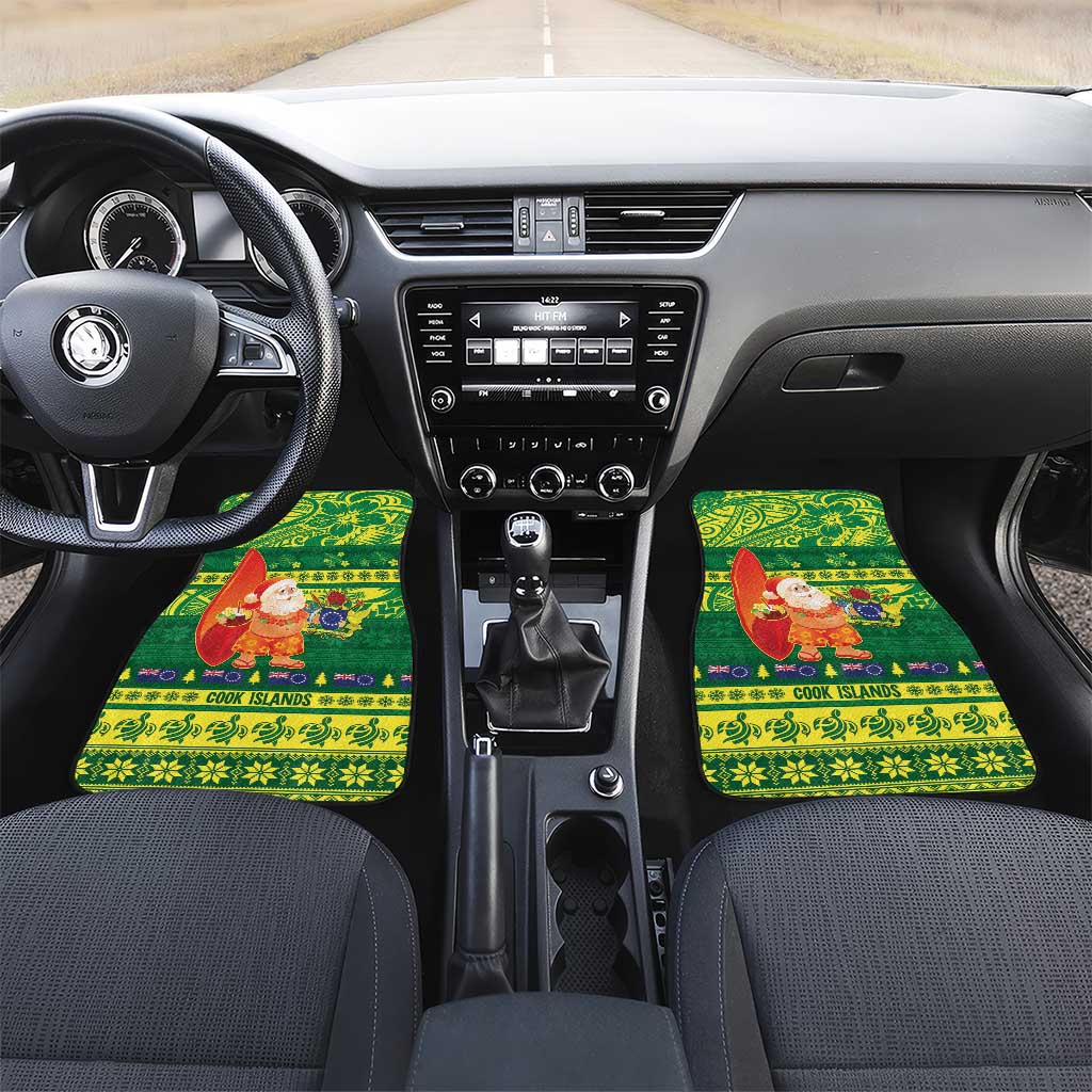 Cook Islands Christmas Car Mats Surfing Santa Mere Kiritimiti LT14 Set 2pcs - Front Green - Polynesian Pride