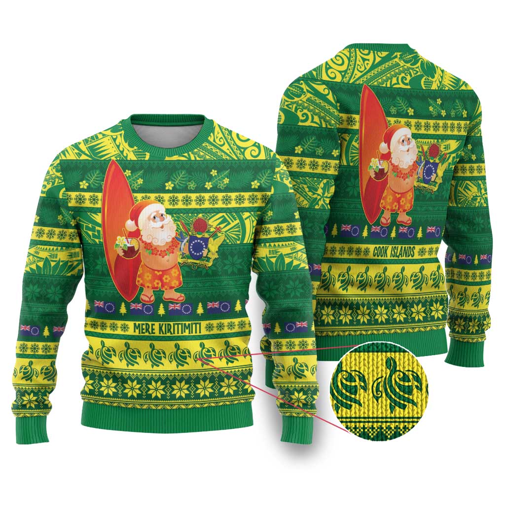 Cook Islands Christmas Ugly Christmas Sweater Surfing Santa Mere Kiritimiti LT14 Green - Polynesian Pride