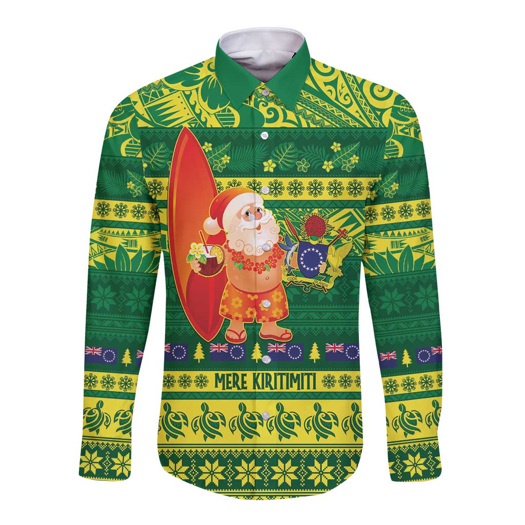 Cook Islands Christmas Long Sleeve Button Shirt Surfing Santa Mere Kiritimiti LT14 Unisex Green - Polynesian Pride