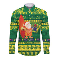 Cook Islands Christmas Long Sleeve Button Shirt Surfing Santa Mere Kiritimiti LT14 Unisex Green - Polynesian Pride