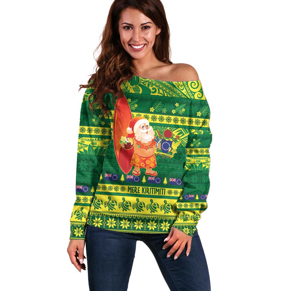 Cook Islands Christmas Off Shoulder Sweater Surfing Santa Mere Kiritimiti LT14 Women Green - Polynesian Pride