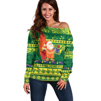 Cook Islands Christmas Off Shoulder Sweater Surfing Santa Mere Kiritimiti LT14 Women Green - Polynesian Pride