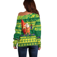 Cook Islands Christmas Off Shoulder Sweater Surfing Santa Mere Kiritimiti LT14 - Polynesian Pride