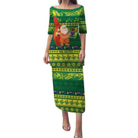 Cook Islands Christmas Puletasi Surfing Santa Mere Kiritimiti LT14 Long Dress Green - Polynesian Pride