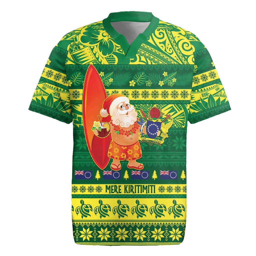 Cook Islands Christmas Rugby Jersey Surfing Santa Mere Kiritimiti LT14 Green - Polynesian Pride