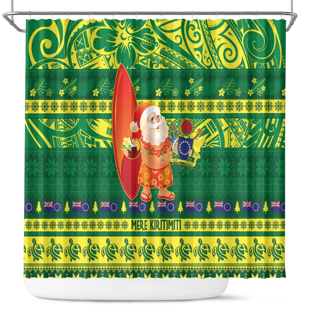 Cook Islands Christmas Shower Curtain Surfing Santa Mere Kiritimiti LT14 Green - Polynesian Pride