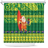 Cook Islands Christmas Shower Curtain Surfing Santa Mere Kiritimiti LT14 Green - Polynesian Pride