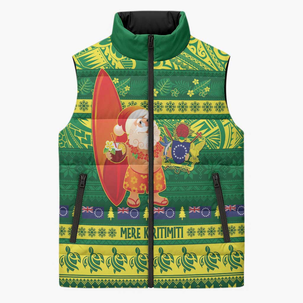 Cook Islands Christmas Sleeveless Puffer Jacket Surfing Santa Mere Kiritimiti LT14 Unisex Green - Polynesian Pride