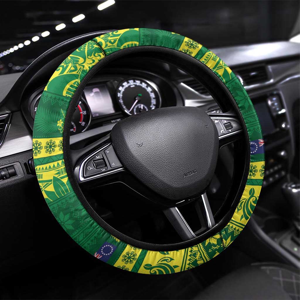 Cook Islands Christmas Steering Wheel Cover Surfing Santa Mere Kiritimiti LT14 Universal Fit Green - Polynesian Pride