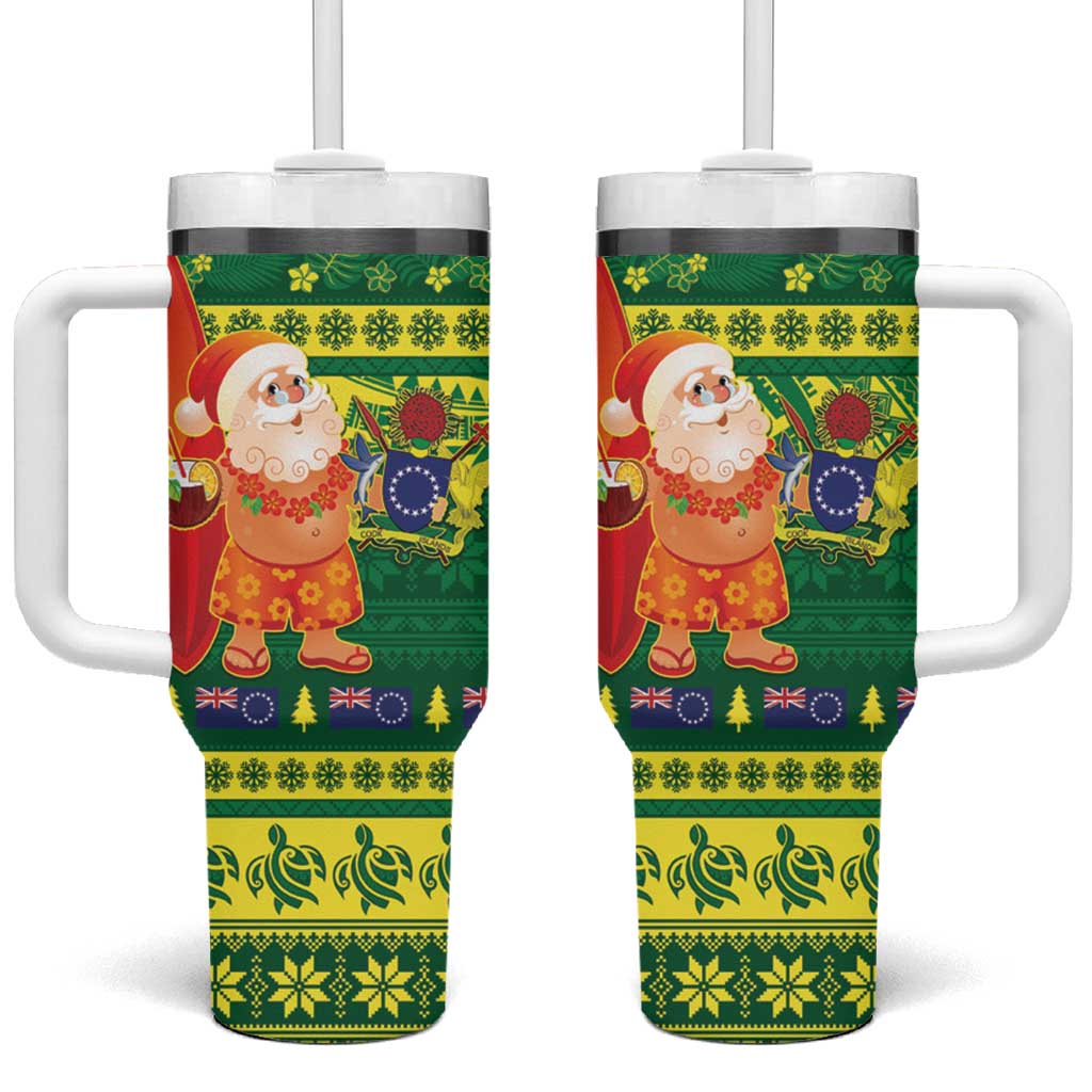 Cook Islands Christmas Tumbler With Handle Surfing Santa Mere Kiritimiti LT14 One Size: 40 oz Green - Polynesian Pride