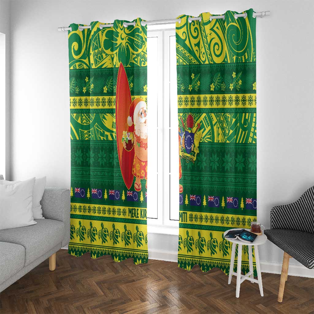Cook Islands Christmas Window Curtain Surfing Santa Mere Kiritimiti LT14 With Grommets Green - Polynesian Pride