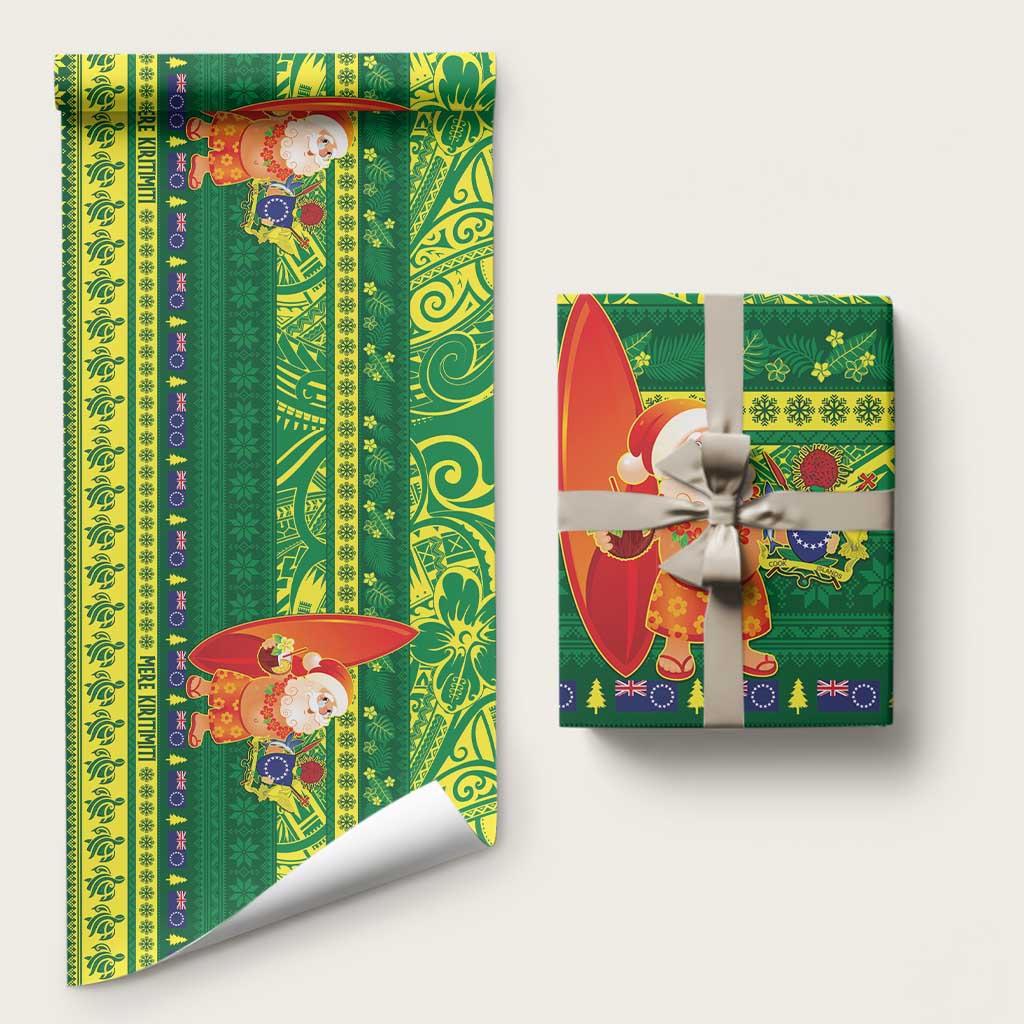 Cook Islands Christmas Wrapping Paper Surfing Santa Mere Kiritimiti LT14 58" × 23" Green - Polynesian Pride