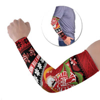 French Polynesia Christmas Arm Sleeves Tiare Chilling Santa Oaoa I teie Noera LT14 Set of 2 Red - Polynesian Pride