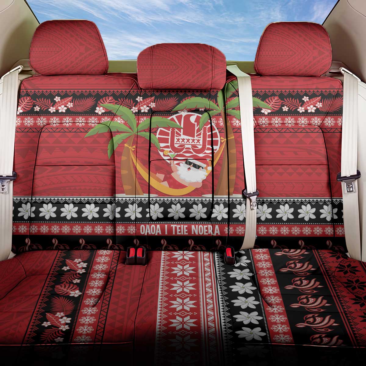 French Polynesia Christmas Back Car Seat Cover Tiare Chilling Santa Oaoa I teie Noera LT14 One Size Red - Polynesian Pride