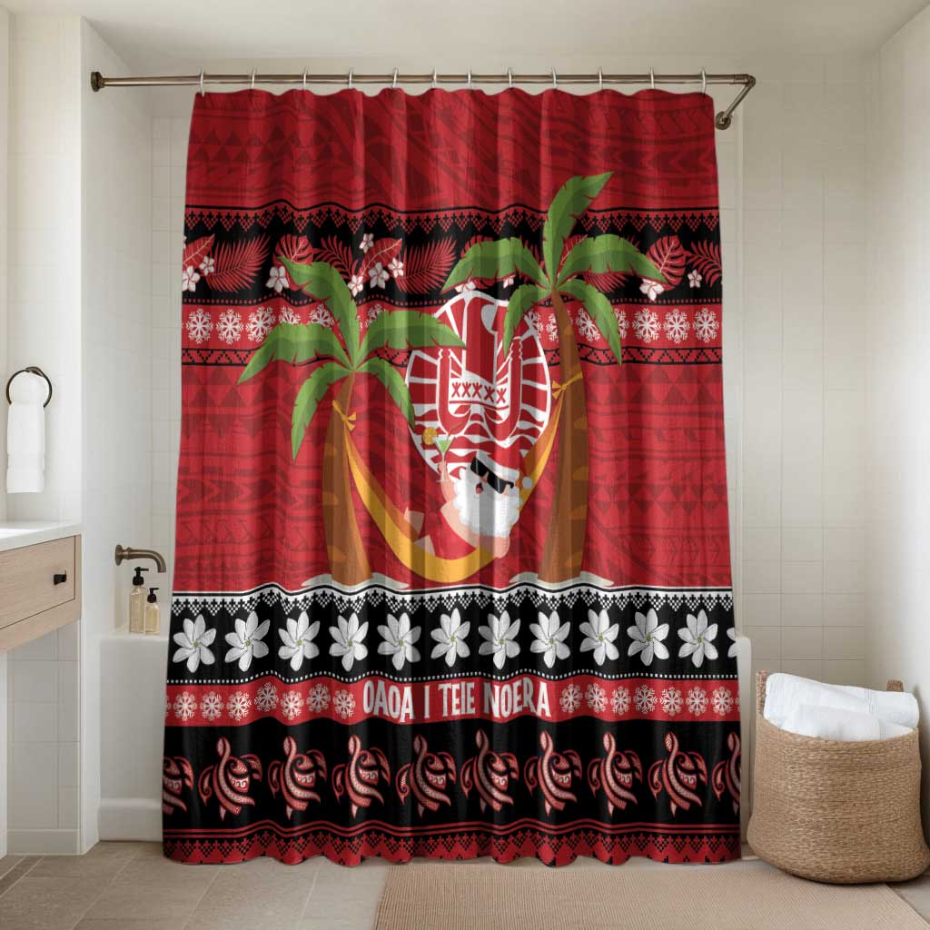 French Polynesia Christmas Bathroom Set Tiare Chilling Santa Oaoa I teie Noera LT14 Shower Curtain Only Red - Polynesian Pride