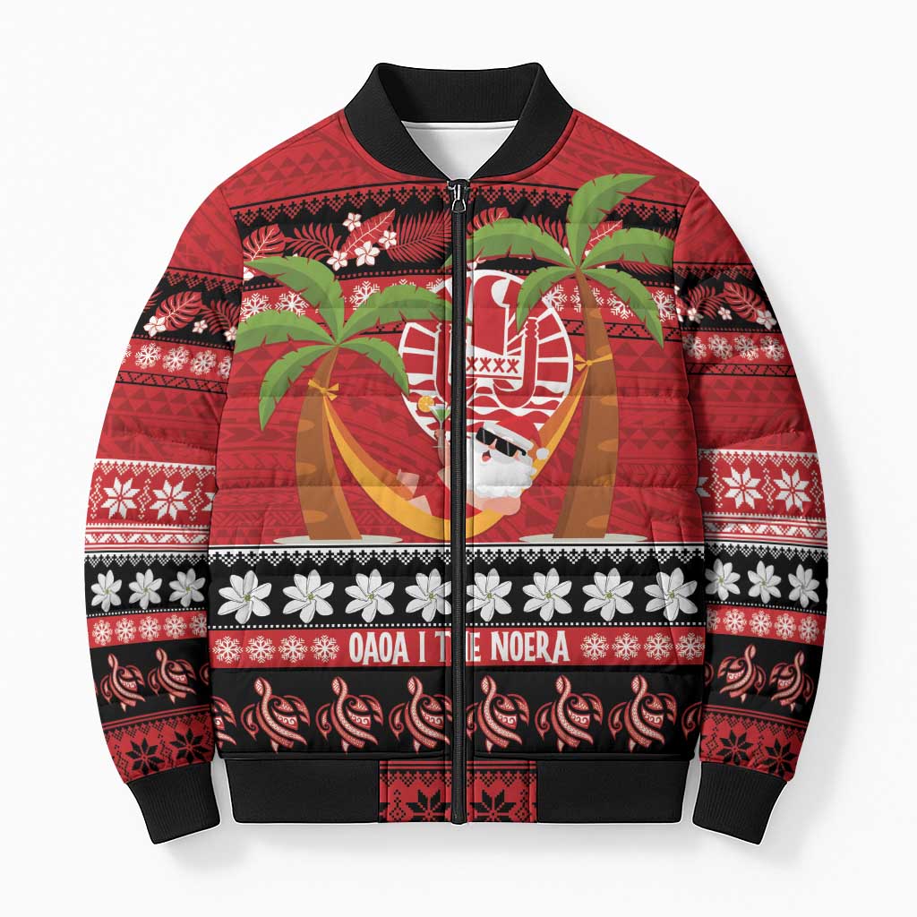 French Polynesia Christmas Bomber Puffer Jacket Tiare Chilling Santa Oaoa I teie Noera LT14 Unisex Red - Polynesian Pride