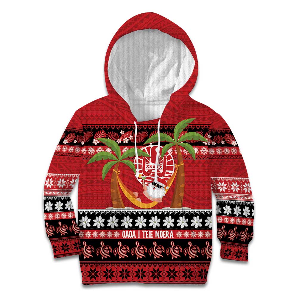 French Polynesia Christmas Kid Hoodie Tiare Chilling Santa Oaoa I teie Noera LT14 Hoodie Red - Polynesian Pride
