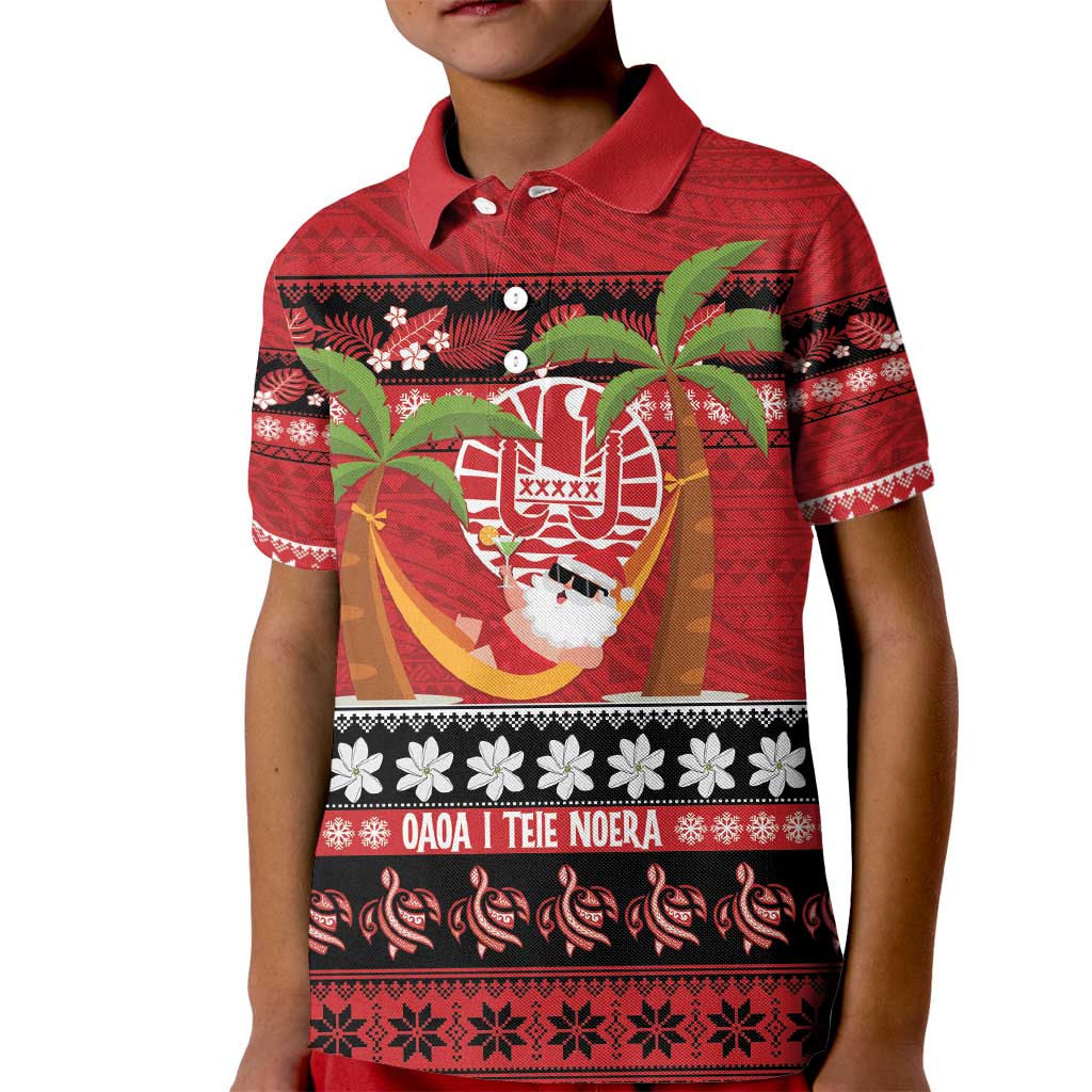 French Polynesia Christmas Kid Polo Shirt Tiare Chilling Santa Oaoa I teie Noera LT14 Kid Red - Polynesian Pride