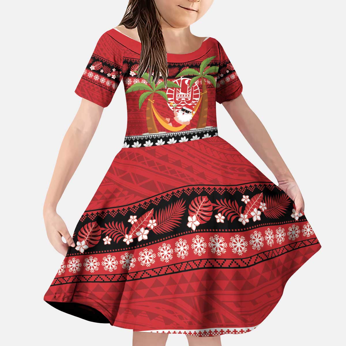 French Polynesia Christmas Kid Short Sleeve Dress Tiare Chilling Santa Oaoa I teie Noera LT14 KID Red - Polynesian Pride