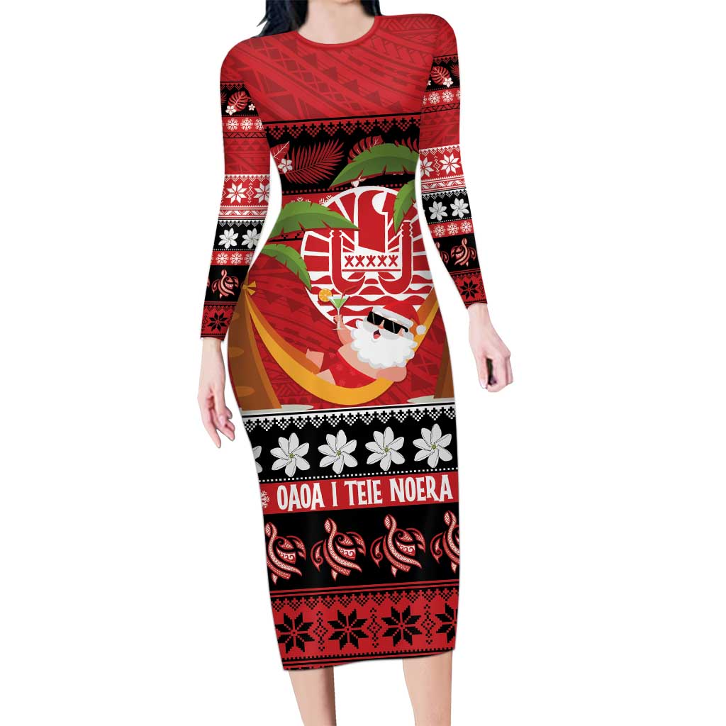 French Polynesia Christmas Long Sleeve Bodycon Dress Tiare Chilling Santa Oaoa I teie Noera LT14 Long Dress Red - Polynesian Pride