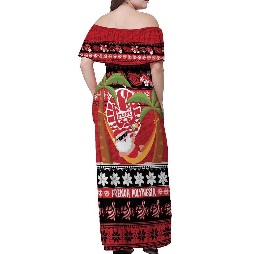 French Polynesia Christmas Off Shoulder Maxi Dress Tiare Chilling Santa Oaoa I teie Noera LT14 - Polynesian Pride