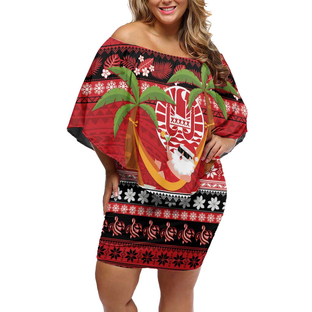 French Polynesia Christmas Off Shoulder Short Dress Tiare Chilling Santa Oaoa I teie Noera LT14 Women Red - Polynesian Pride