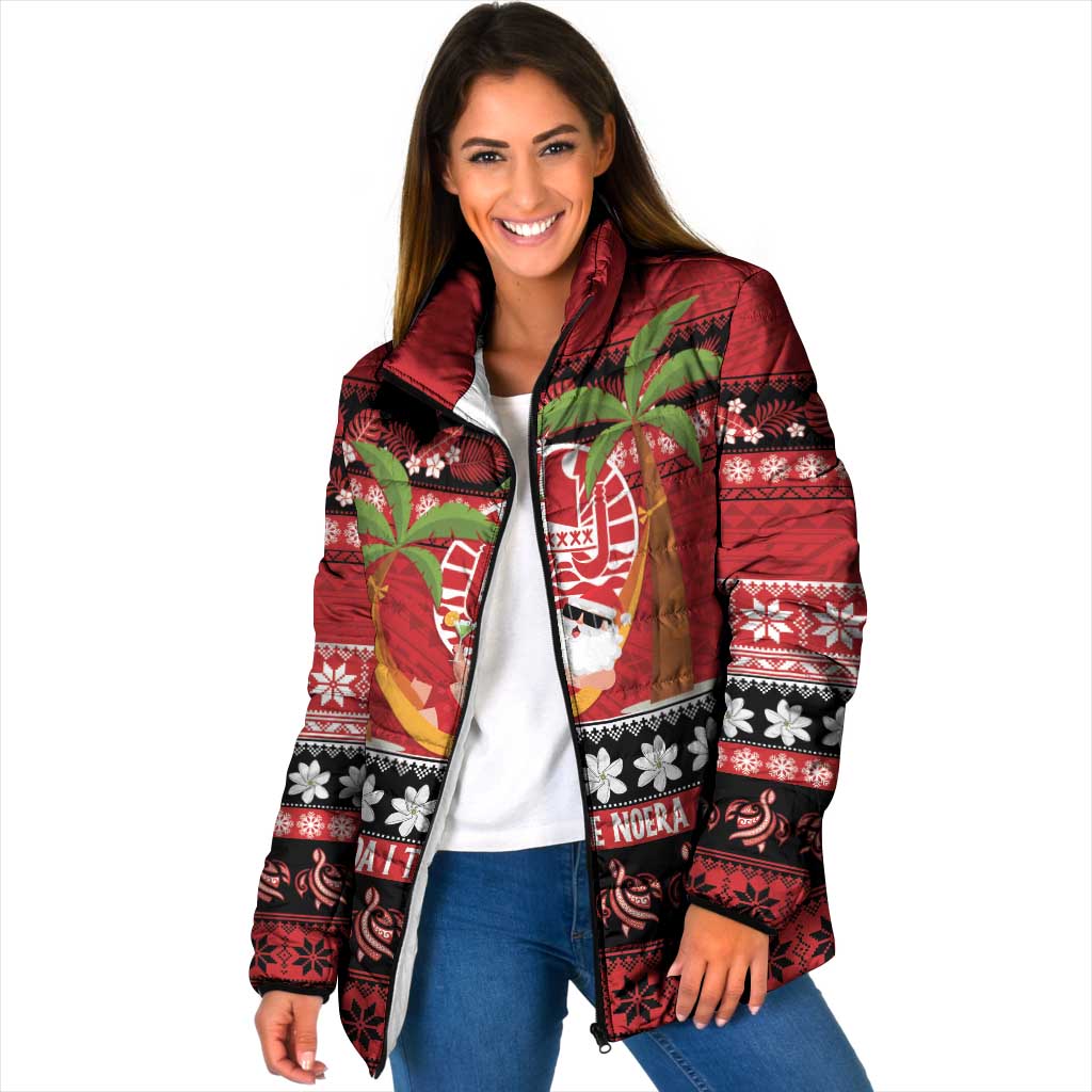 French Polynesia Christmas Padded Jacket Tiare Chilling Santa Oaoa I teie Noera LT14 Women Red - Polynesian Pride