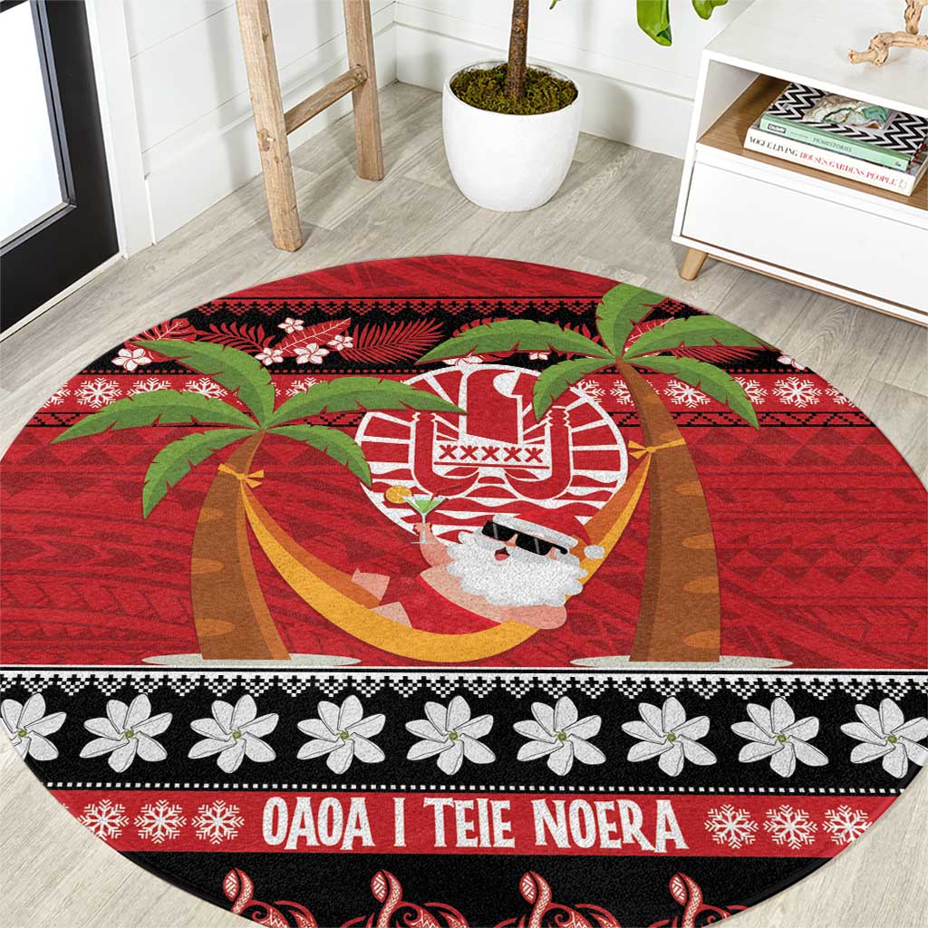 French Polynesia Christmas Round Carpet Tiare Chilling Santa Oaoa I teie Noera LT14 Red - Polynesian Pride